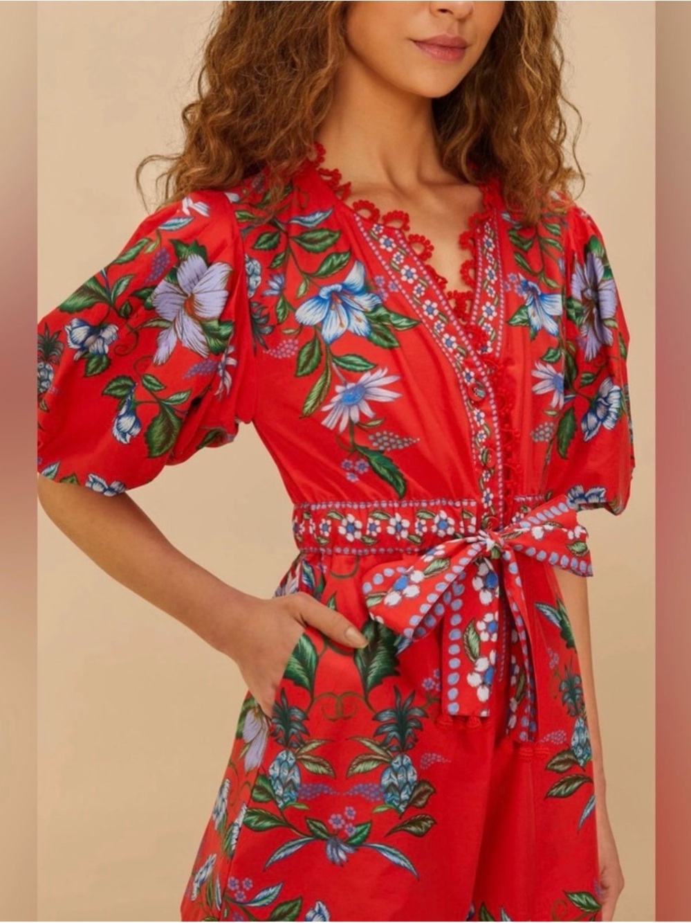 FARM RIO Sweet Bloom Bouquet Romper. BRAND NEW. Red Floral V-Neck Tie-Waist Rope - Picture 4 of 9